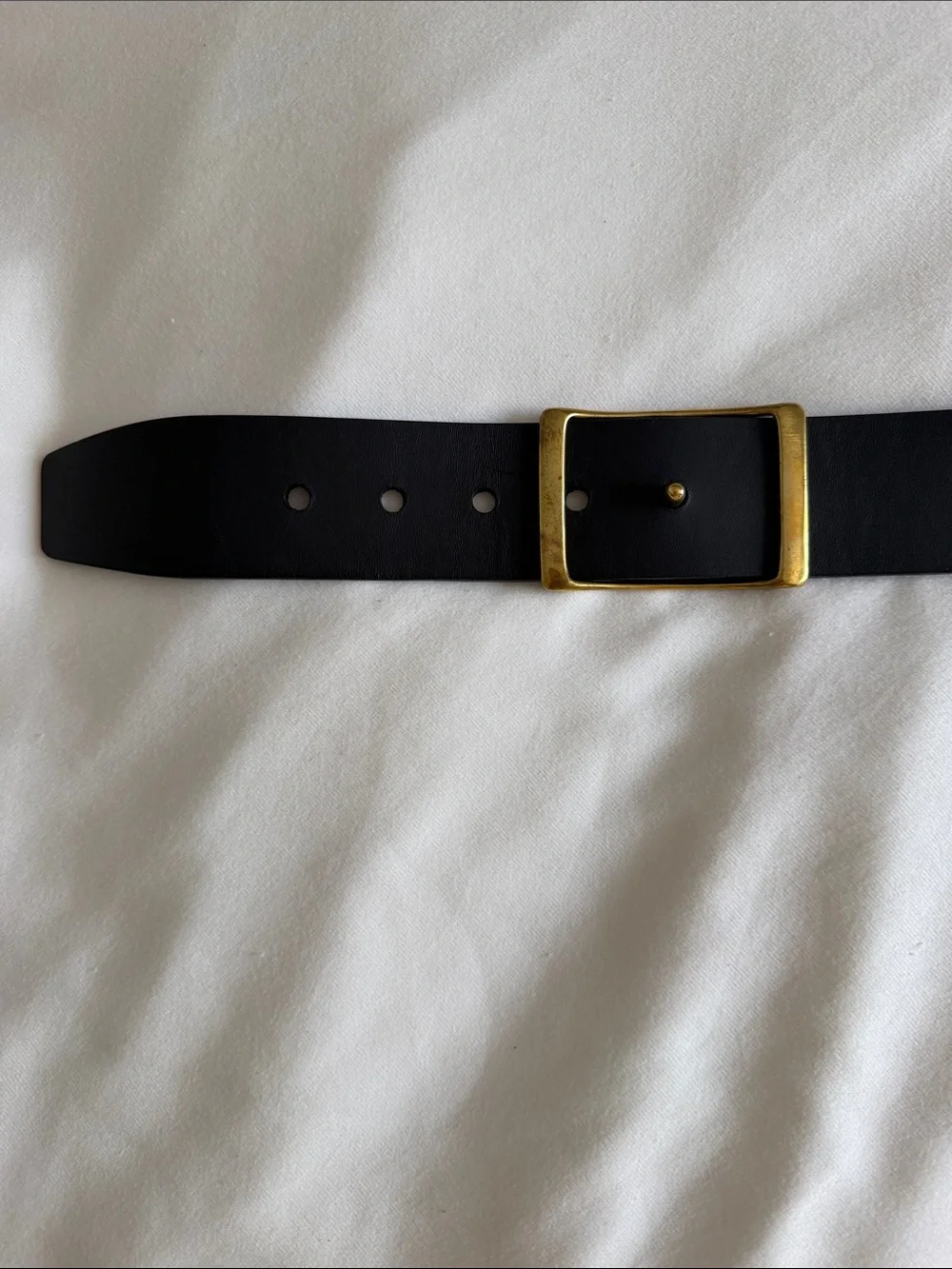 ANN MASHBURN Black Leather Belt with Gold Square Buckle